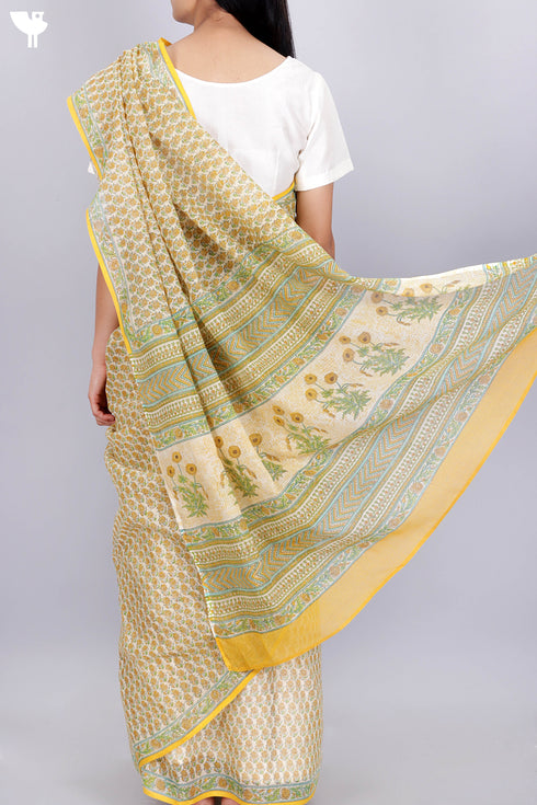 Kota Doria Saree In Floral Block Print